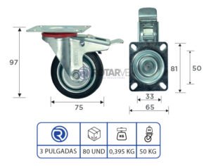 Rueda Continental Industrial Giratoria 3pLG Con Freno Y Base - Imagen 3