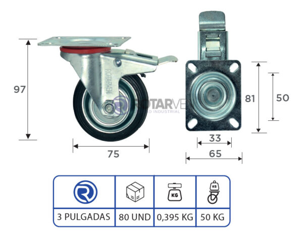 Rueda Continental Industrial Giratoria 3pLG Con Freno Y Base - Imagen 3