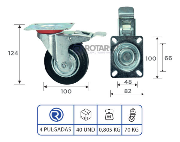 Rueda Giratoria Continental Industrial 4pLG Con Freno Y Base - Imagen 3