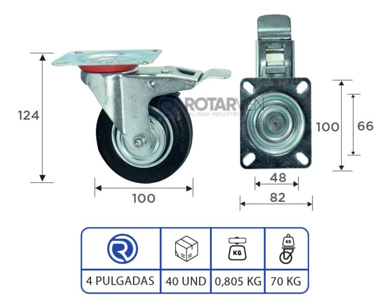 Rueda Giratoria Continental Industrial 4pLG Con Freno Y Base - Imagen 3