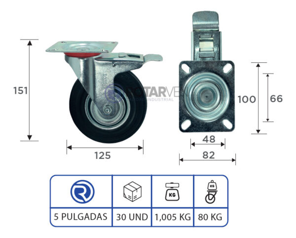 Rueda Continental Industrial Giratoria 5pLG Con Freno Y Base - Imagen 3