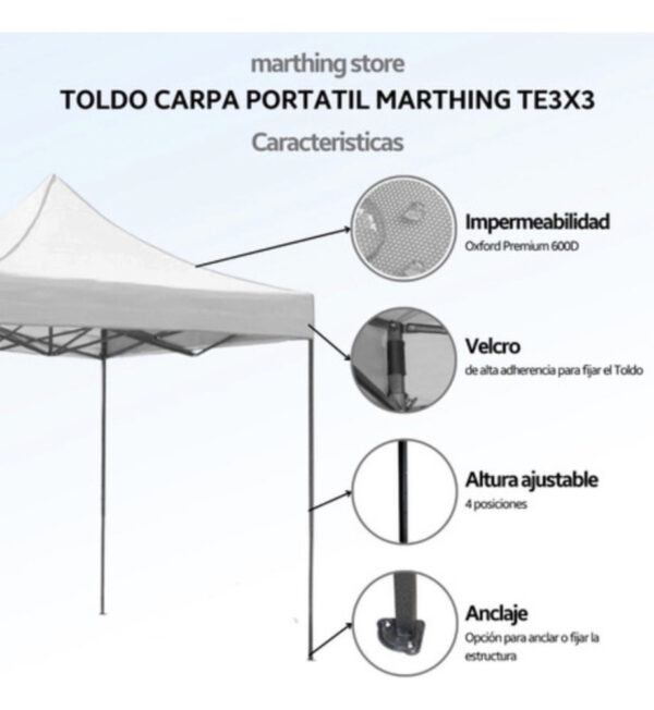 Toldo Plegable Lona Impermeable Carpa 2x2 Metros - Imagen 3