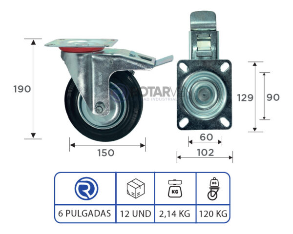 Rueda Continental Industrial Giratoria 6pLG Con Freno Y Base - Imagen 3