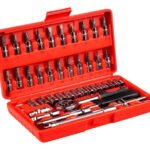 Juego Dados 46 Piezas Con Rachet Milimétrico Estuche 1/4 Rojo