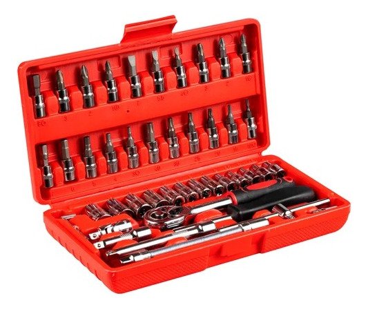 926690-MLV85929960519_062025 Juego Dados 46 Piezas Con Rachet Milimétrico Estuche 1/4 Rojo - Imagen 1