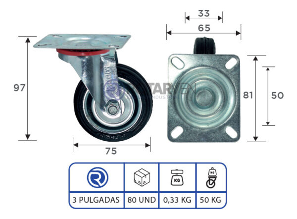 Rueda Continental Industrial Giratoria 3 Pulgadas Con Base - Imagen 3