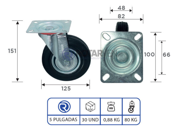 Rueda Continental Industrial Giratoria 5 Pulgadas Con Base - Imagen 3
