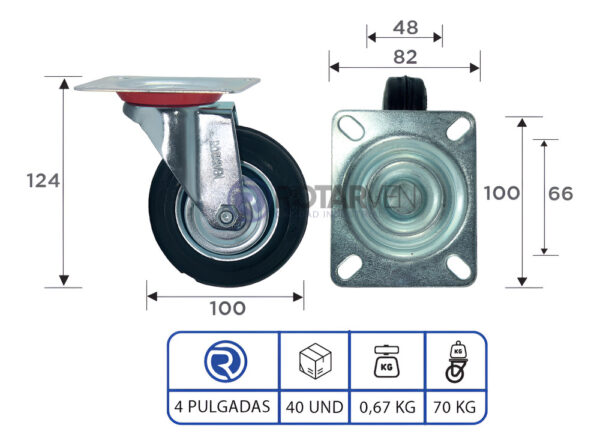 Rueda Giratoria 4 Pulgadas Industrial Continental Con Base - Imagen 3